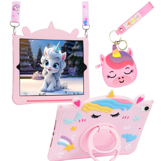 Silicone Unicorn Case For Girls with strap, pencil holder , rotatable stand + pouch