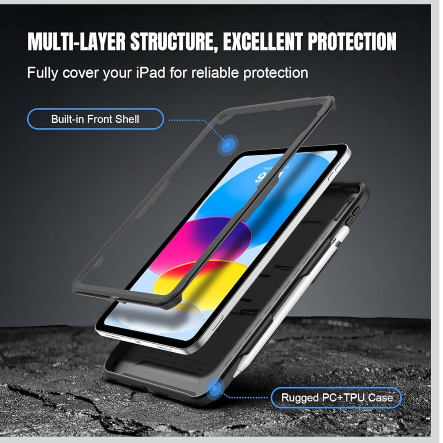 iPad 10/11 Protective Case + Built in Front Cover